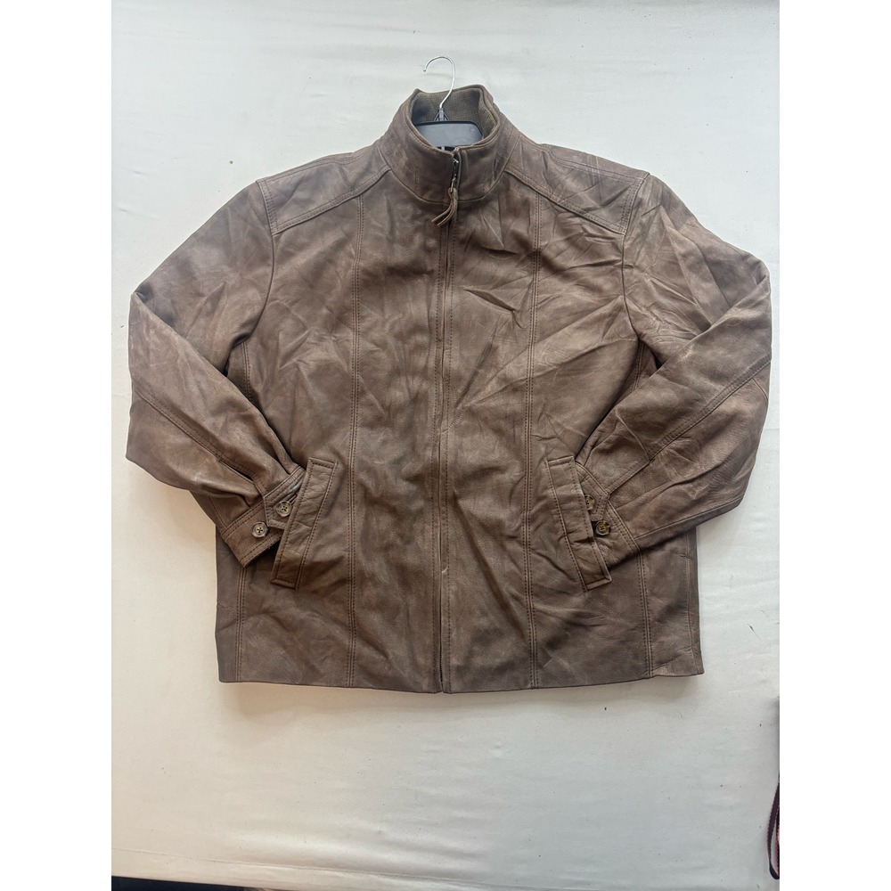 Jos. A. Bank Mens Brown Leather Full Zip Jacket Map Print Lining Size L